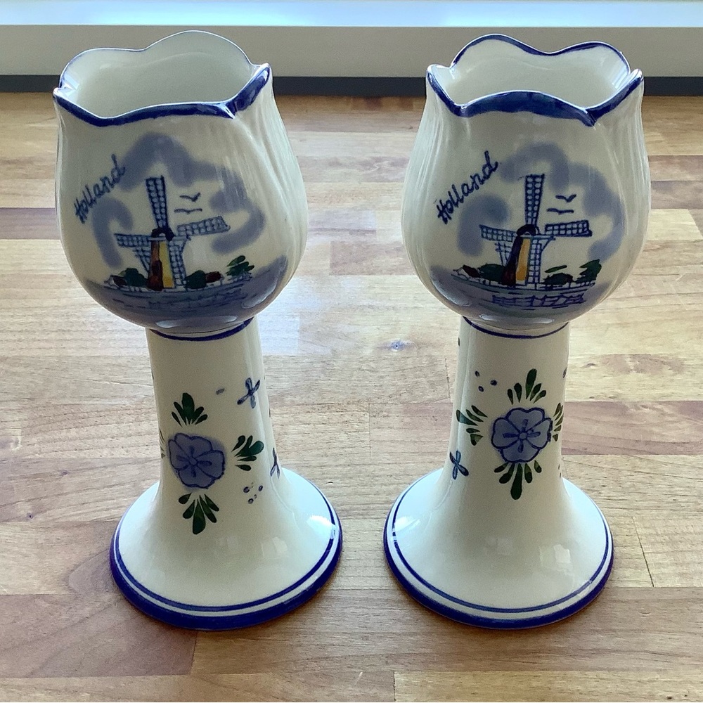 SOLD - Tulip Design Pair of Dutch Candleholders